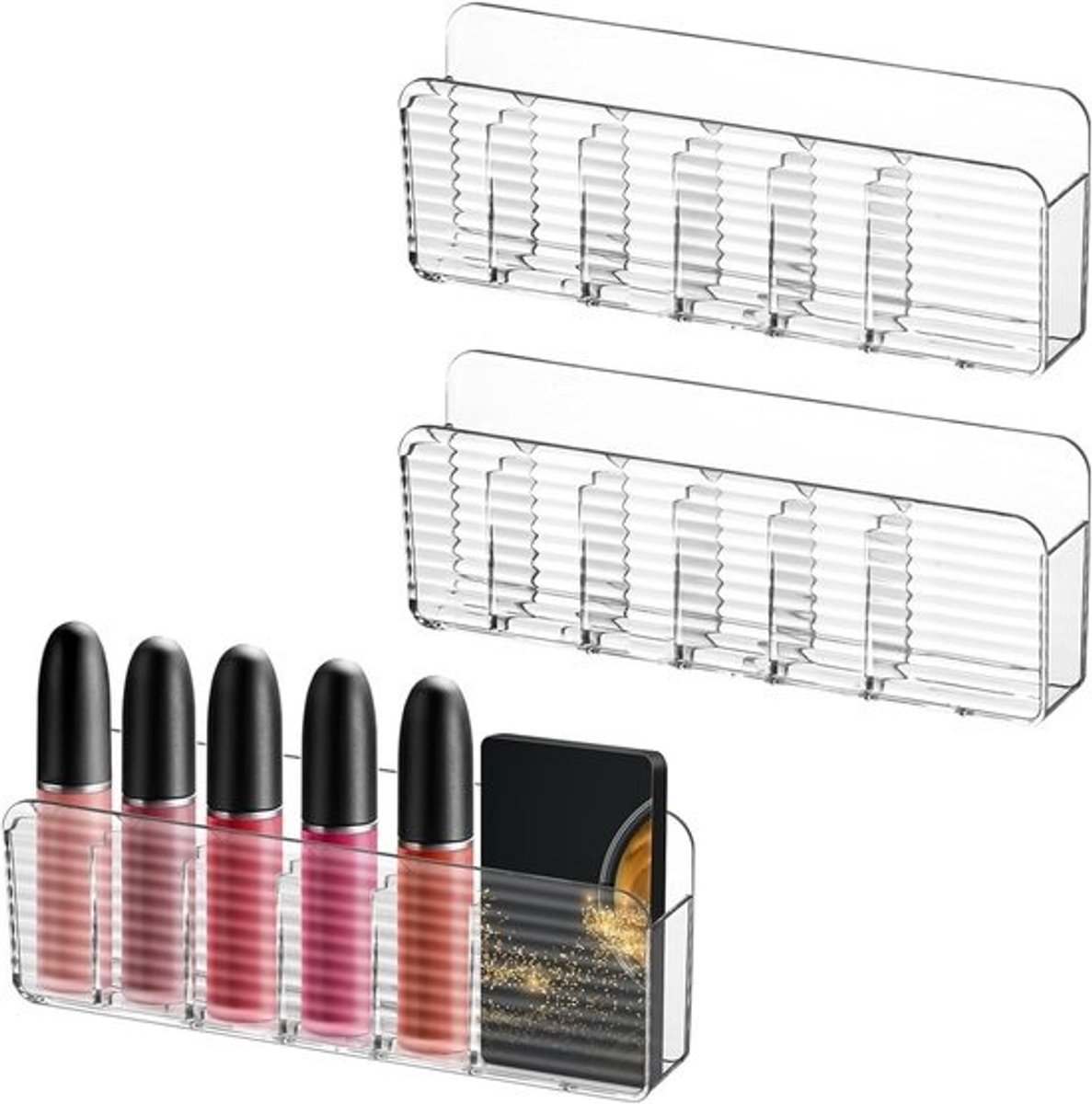 Opbergdozen Wandmontage - Make-up Organizer - Cosmetica Organiseren - 6 Compartimenten - 188x25x71mm - Transparant