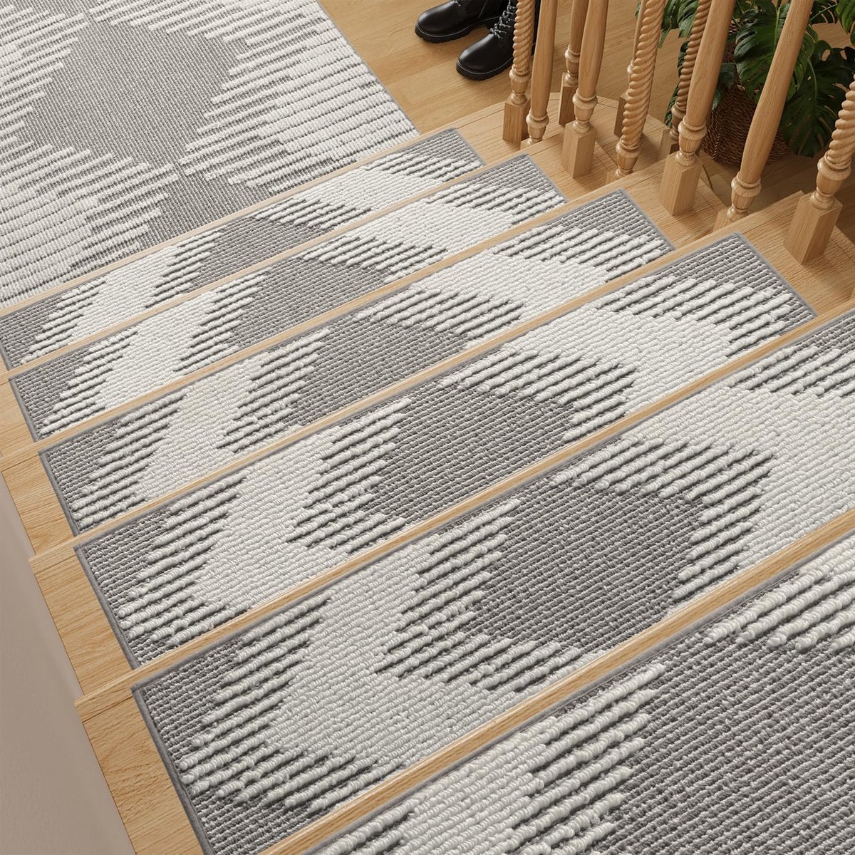 Traptreden matten set | Grijs‑wit geometrisch patroon | 20*76 cm | 7 stuks | Antislip trapmatten voor binnen thuis