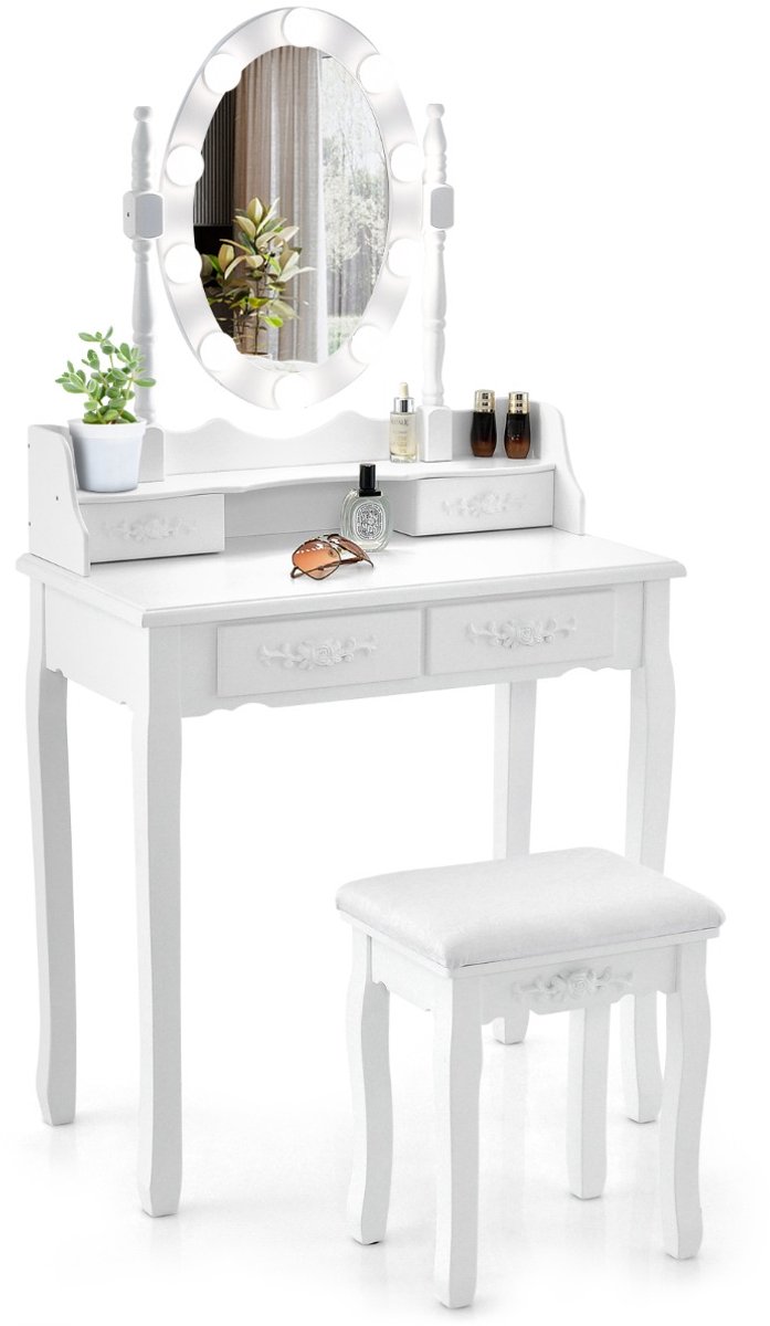 SureDeal® - Kaptafel - LED Lampjes Make - Verlichte Ovale Spiegel - Aanrakingsschakelaar Helderheid Verstelbaar - 75x40x145 cm - Wit