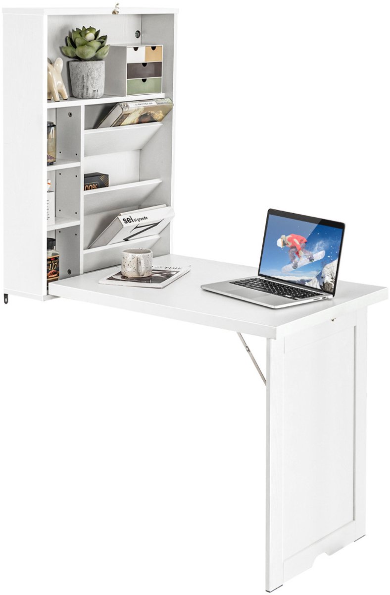 SureDeal® - Bureau - Wandklaptafel - Opbergruimte Inklapbare Wandtafel - 60x94,5x151 cm - Wit