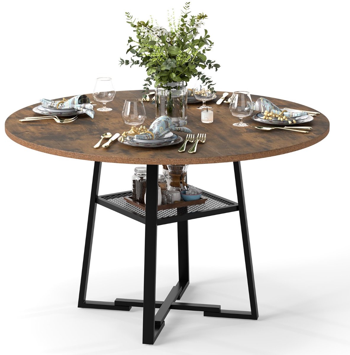 SureDeal® - Eettafel - Ronde Keukentafel Geschikt - Personen - Open Rek Metalen - 120x75,5 cm - Bruin