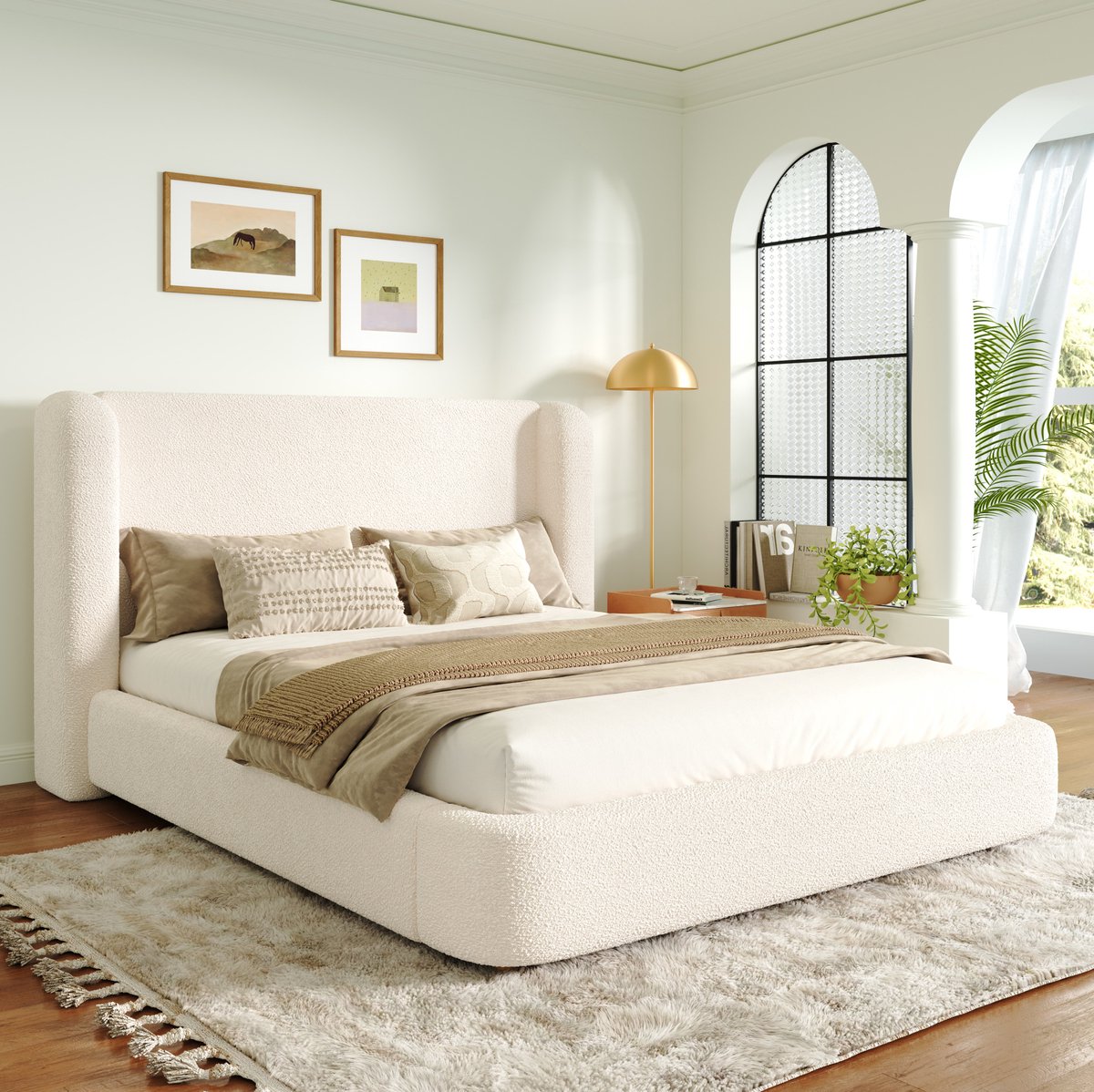 STILVORA Gestoffeerd Bed 180 X 200 Cm Met Lattenbodem En Gevoerd Hoofdbord Voor Volwassen Slaapkamer Bouclé Beige