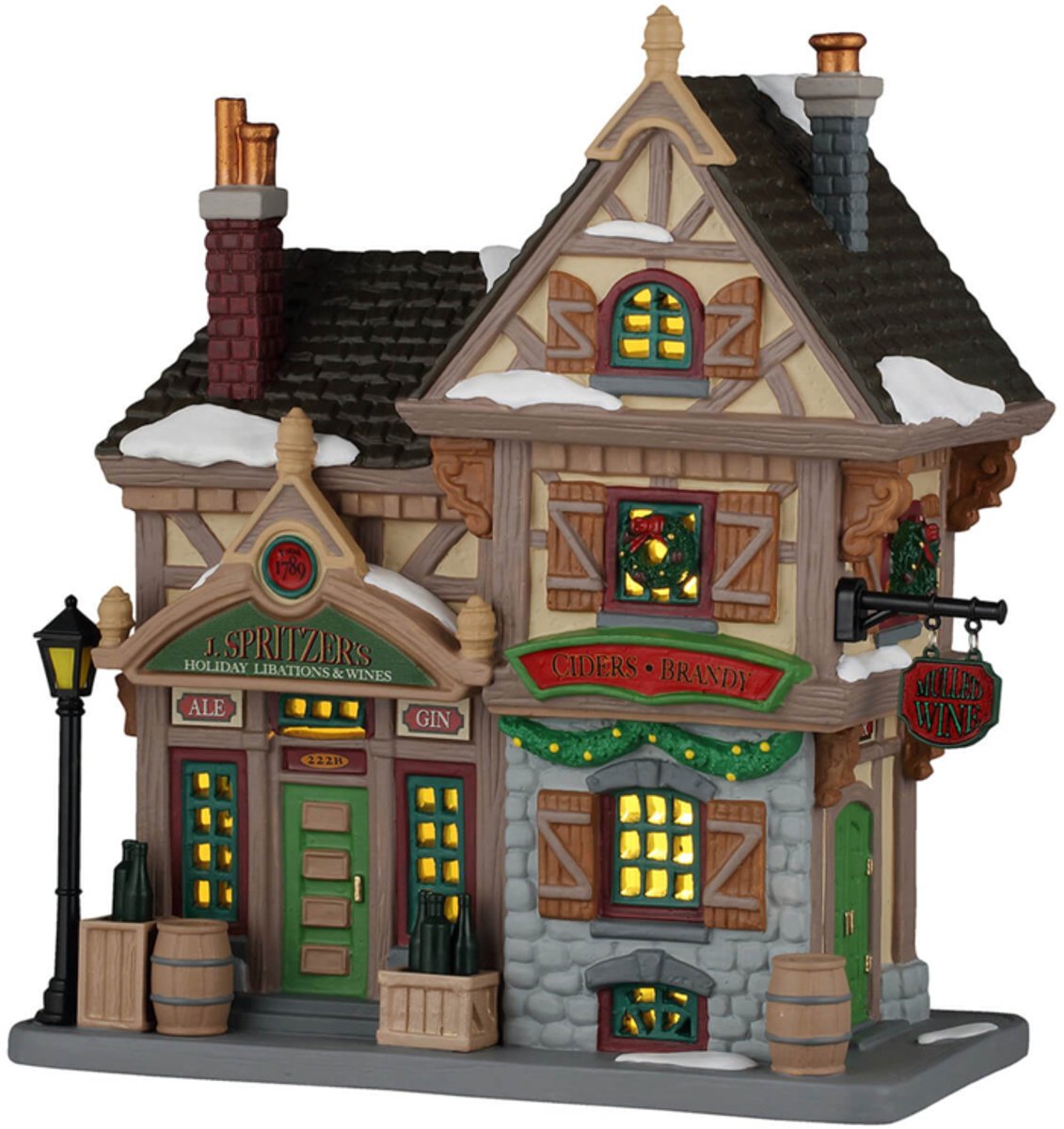 Lemax j. spritzer's holiday libations and wines verlicht kersthuisje Caddington Village 2026