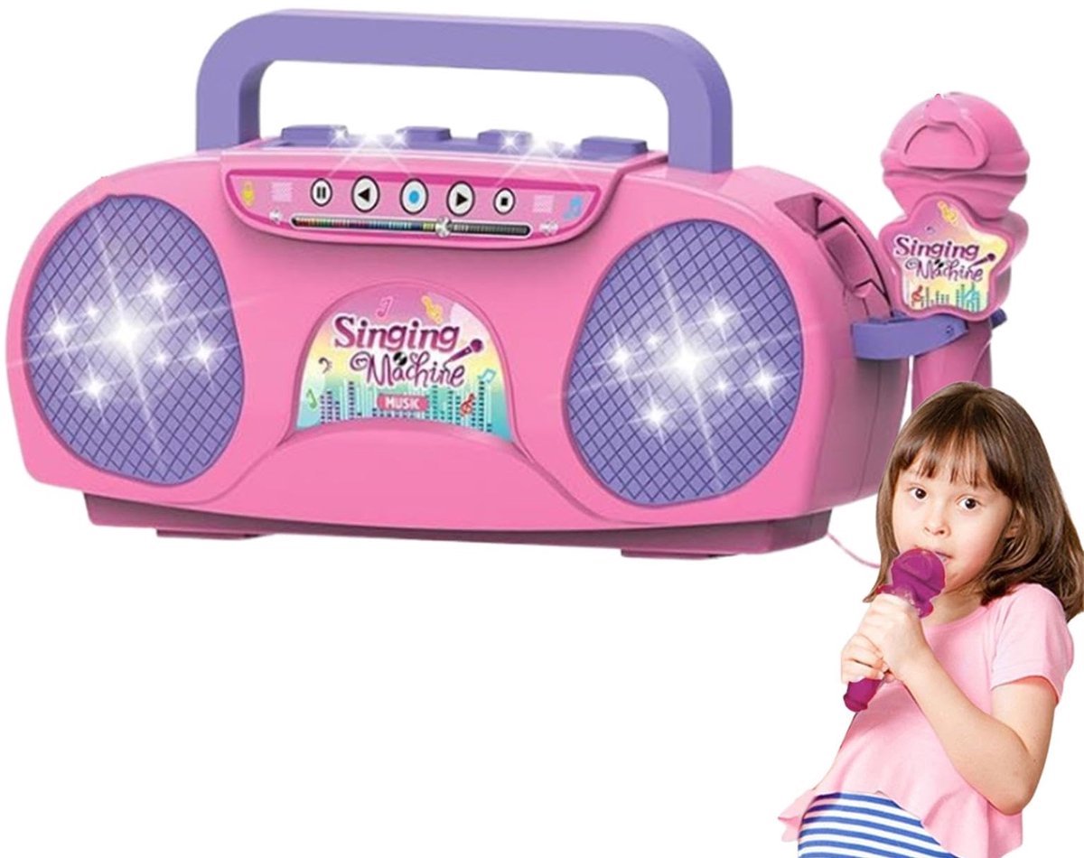 casalora - Karaoke Set voor Kinderen - Met Bluetooth Speaker - Met Microfoons - Met LED-verlichting en Geluidseffecten - Cadeau - Geschikt Vanaf 3 Jaar Jongens en Meisjes - Roze