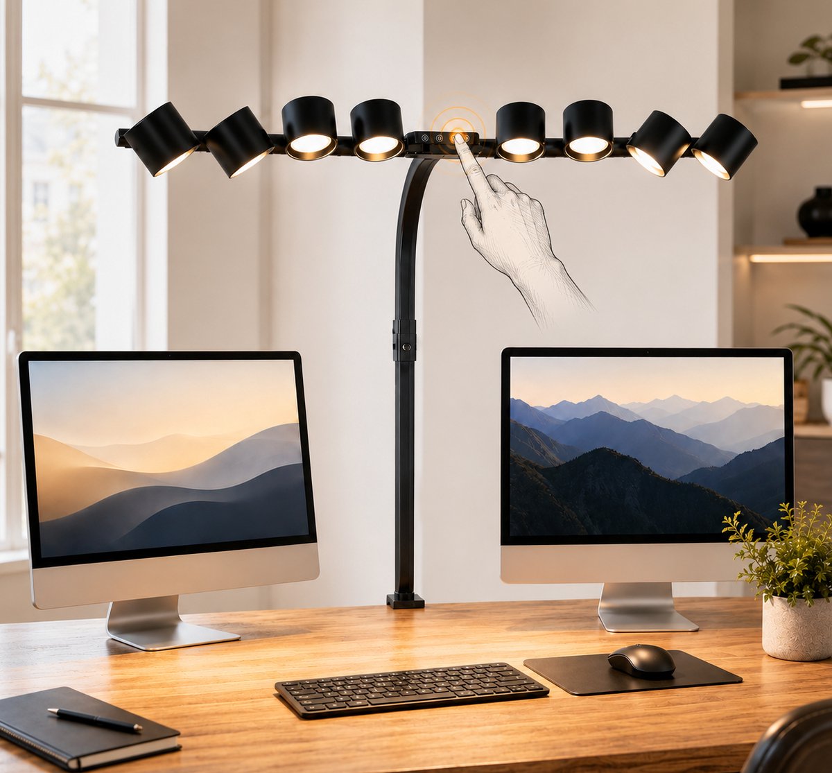Lapamax Bureaulamp LED met 8 Verstelbare Lampkoppen met Klem - Werklamp Dimbaar met 330° Draaibaar & 320° Kantelbaar - monitor lamp met Bedieningspaneel en Afstandsbediening - Hobbylamp voor voor Architectentafel, Tekenen, Nagelstylist, en Studio