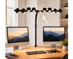Lapamax Bureaulamp LED met 8 Verstelbare Lampkoppen met Klem - Werklamp Dimbaar met 330° Draaibaar & 320° Kantelbaar - monitor lamp met Bedieningspaneel en Afstandsbediening - Hobbylamp voor voor Architectentafel, Tekenen, Nagelstylist, en Studio