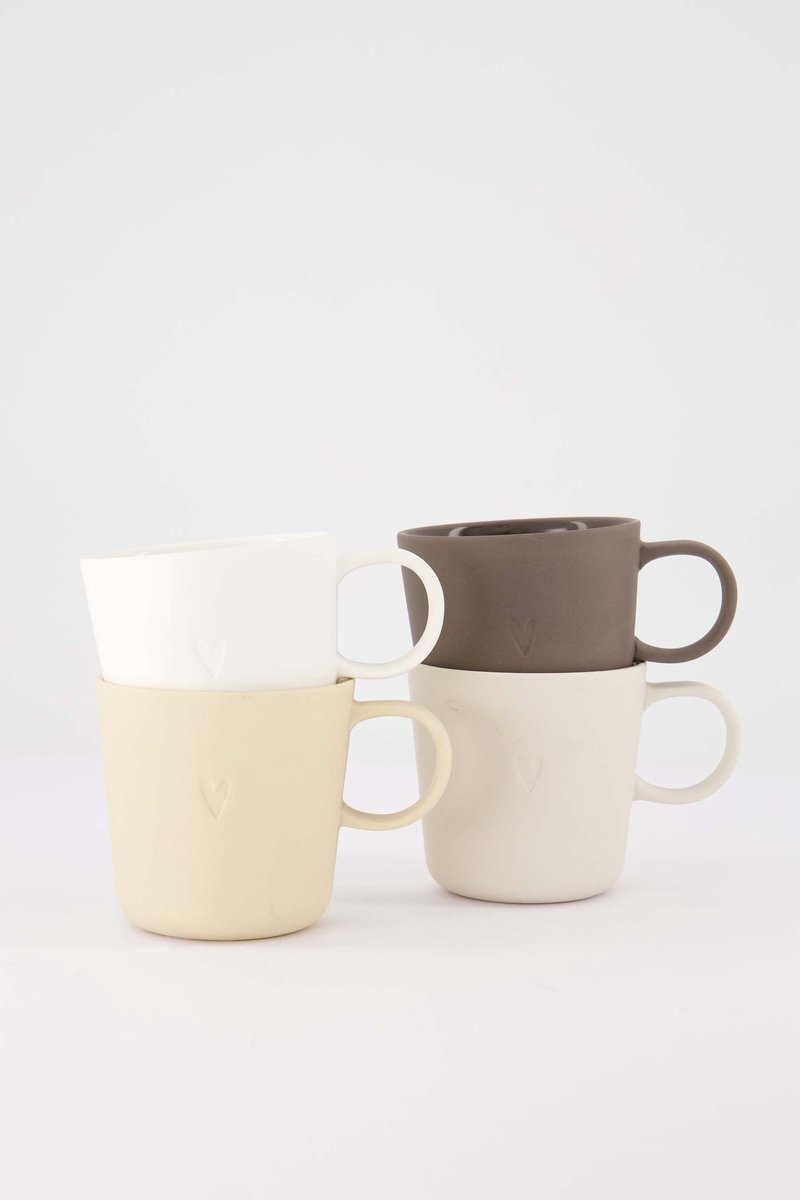 Zusss Set Van 4 Koffiemokken Met Oor Hartje - Keramiek - Sand, Warm Sand, Bruin & Wit - 230Ml Keramiek Wit / Bruin / Zand