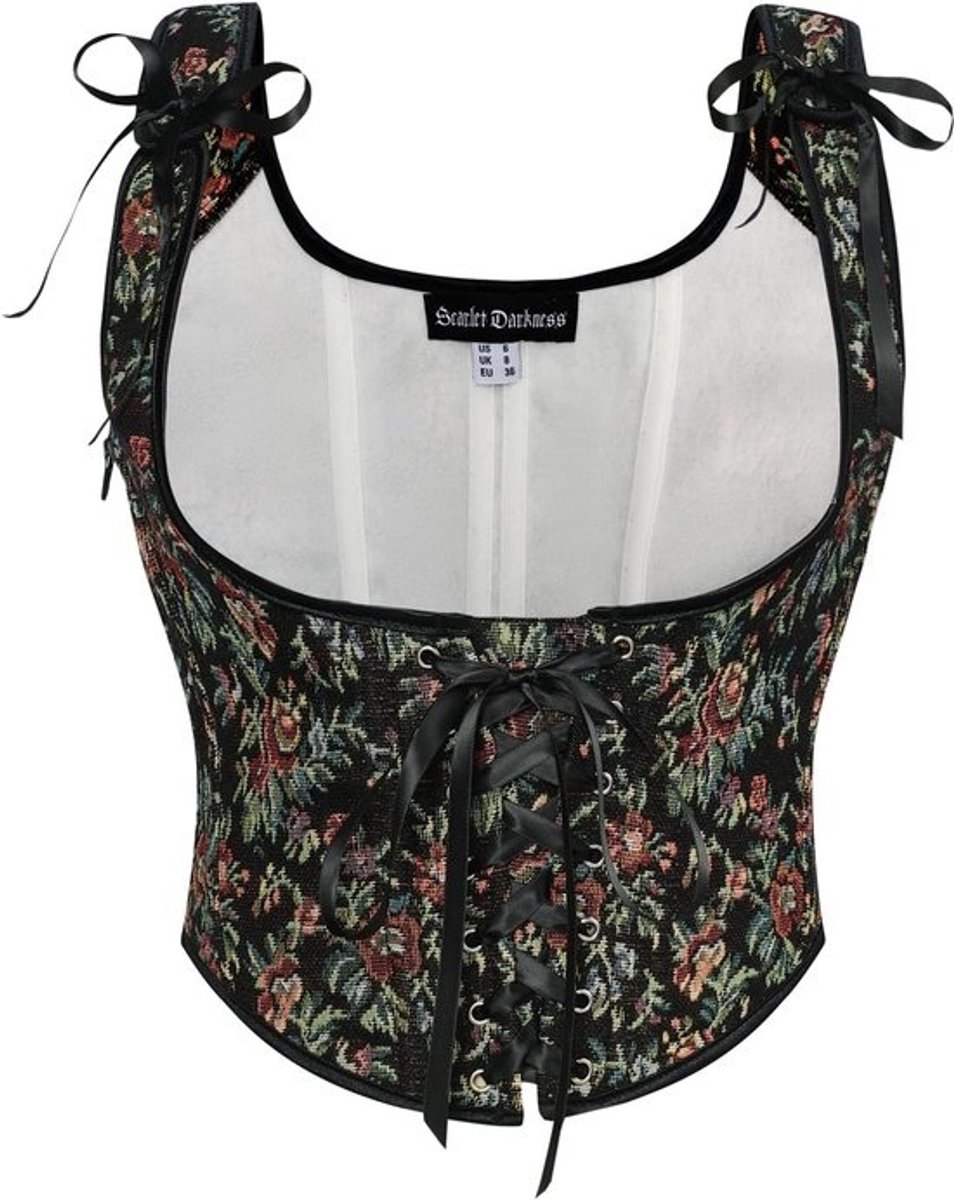 Dames Korset - Renaissance Vest - Themafeest Kleding - Bloemenprint Kant - Zwart