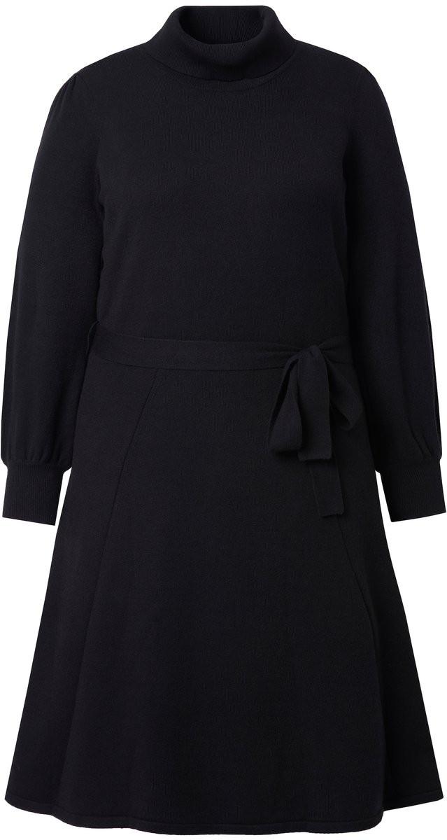 MIAMODA - Dames - Gebreide jurk midilengte col ceintuur in de taille - Zwart - Maat 42+