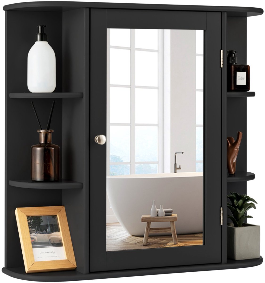 SureDeal® - Hangkast - Spiegelkast Badkamer Badkamerspiegel - Planken Wandkast - Badspiegel - Spiegeldeur Zwart - Wit - 66x17x62 cm - Donkerbruin