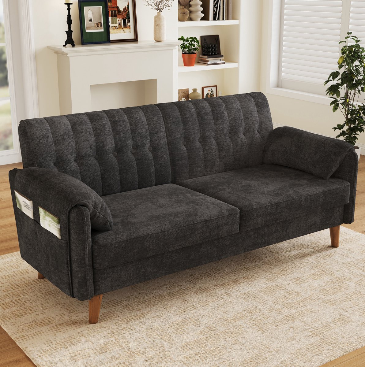 MODENUIT Bank 161,5 cm - 2-zits met getufte rugleuning en zijvakken - Voor woonkamer - Chenille - Donkergrijs