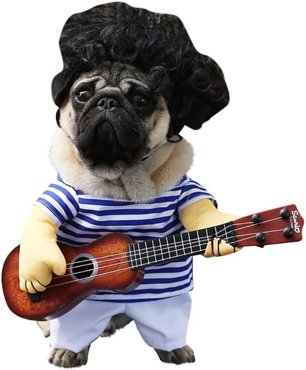Schattig hondenkostuum met gitaar en pruik voor Halloween en cosplay, perfect voor huisdieren