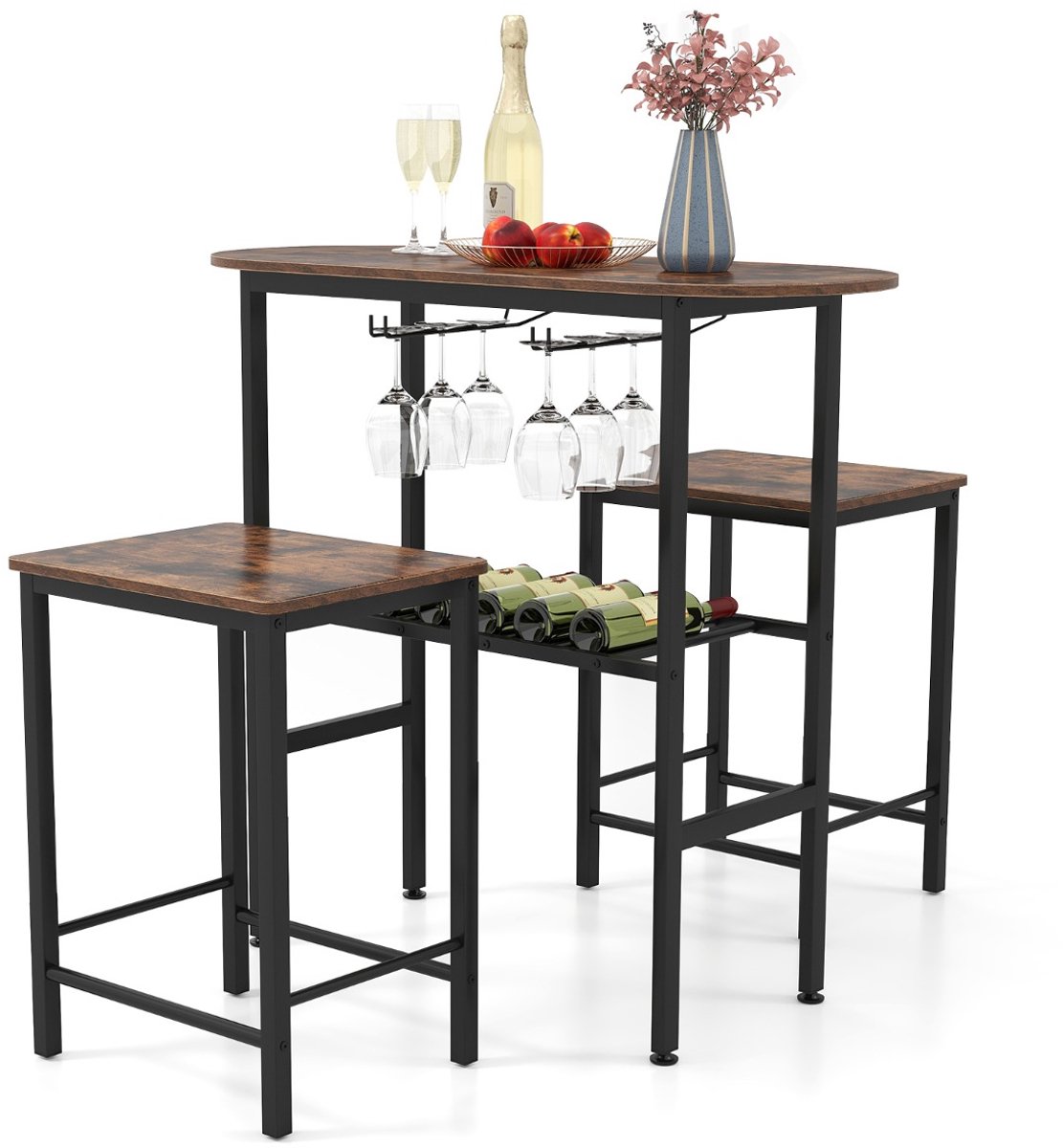 SureDeal® - Eettafel - Bartafel - Barstoelen - Personen Bartafel - Houders - Wijnglazen - Flessen Vintage - Koffiebruin