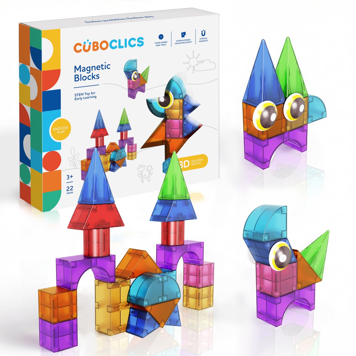 Cubo Clics- Creatief Pakket 22 stuks | 3D Magnetische Massieve Blokken | 10 Geometrische Vormen | Verbindt op alle 6 vlakken | STEM-bouwspeelgoed vanaf 3 jaar | Geen platte tegels