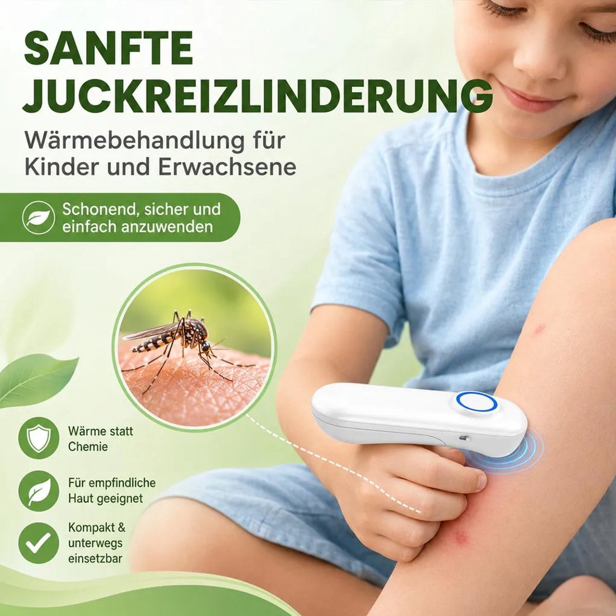 Draagbaar apparaat Geschikt voor de behandeling van muggenbeten, elektrisch apparaat Geschikt voor de behandeling van muggenbeten, twee temperatuurinstellingen, chemicaliënvrije warmtetherapie, Geschikt voor kamperen, buitenactiviteiten en vakanties.