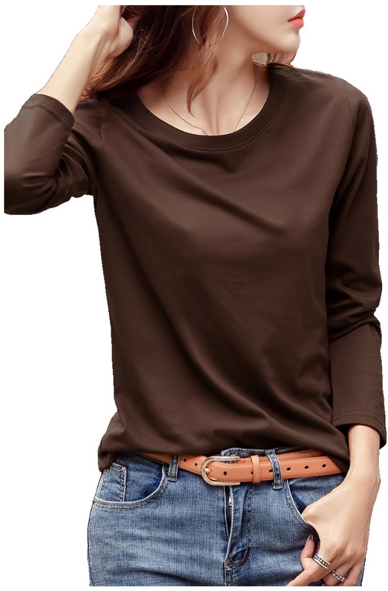 Currero Longsleeve Dames Oversized Lange Mouwen Shirt Roundneck Vrouwen Kleding T-Shirt Bruin