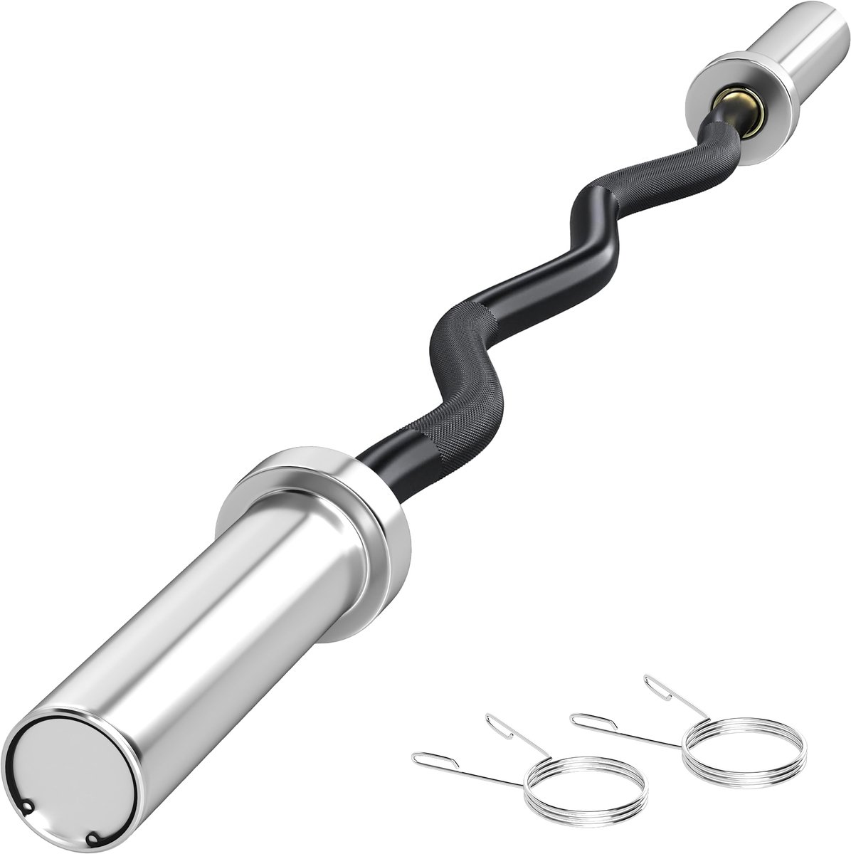 Stalen halterstang van 120 cm, EZ Curl Bar met 2 klemmen, draagvermogen van 100 kg voor gewichtsschijven van Ø5 cm, zwart en zilver.