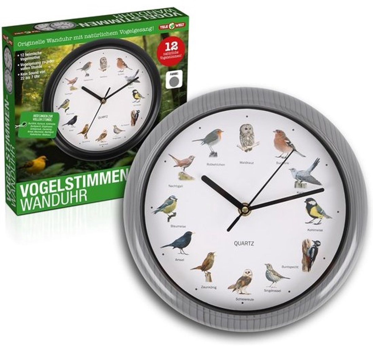 Wandklok met 12 Verschillende Vogelgeluiden - Stille Analoge Klok voor Woonkamer en Keuken