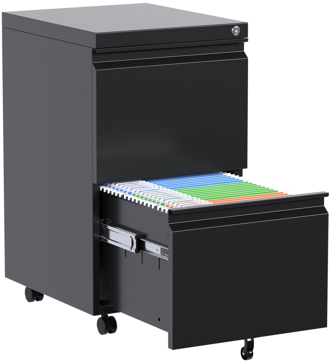 Koudgewalst Staal Archiefkast met 2 Laden - 37x44x65cm - Rolcontainer met Slot - Mobiele Ladekast - Metalen Opberger Voor Amerikaans Letterformaat en A4-Documenten - Voor Kantoor - Zwart