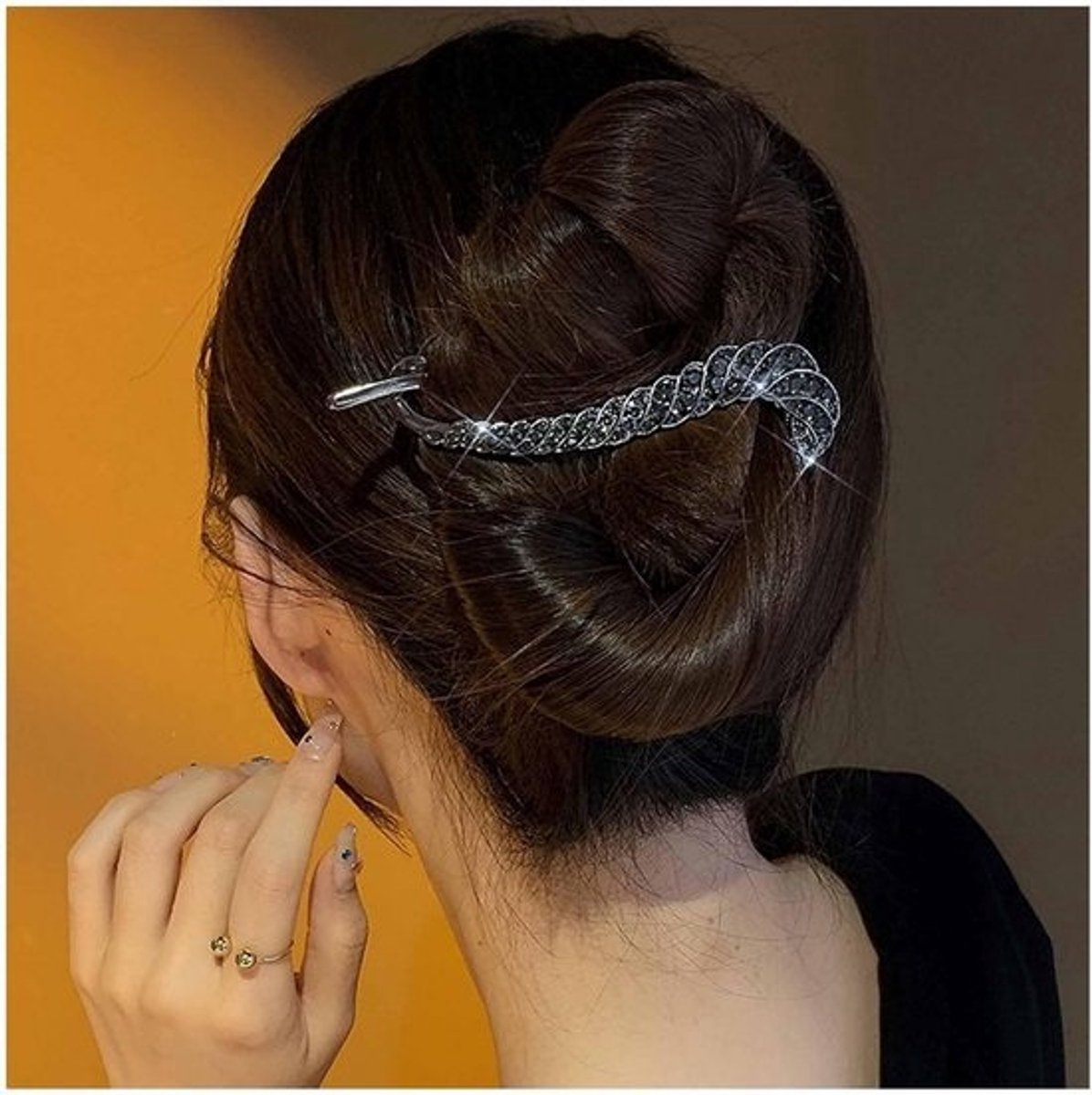 Grote Strass Haarclip Zwart – Luxe Kristallen Banaan Klem voor Dik Haar
