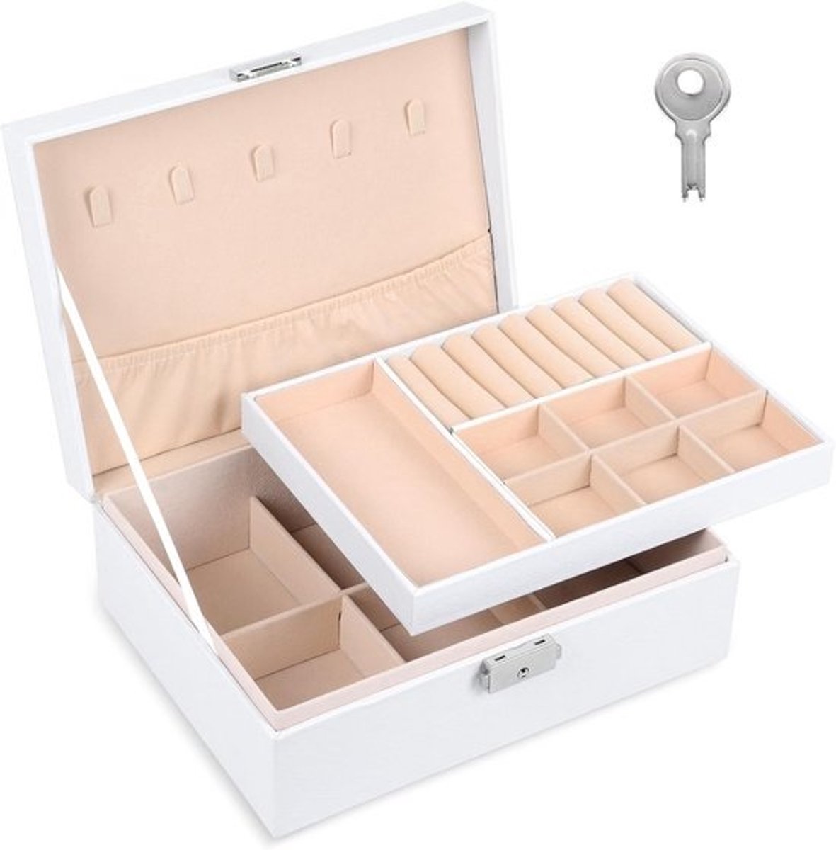 Luxe Sieradendoos met 2 Niveaus voor Dames - Reismodel met Slot - Grote Opbergkist voor Kettingen, Ringen en Oorbellen