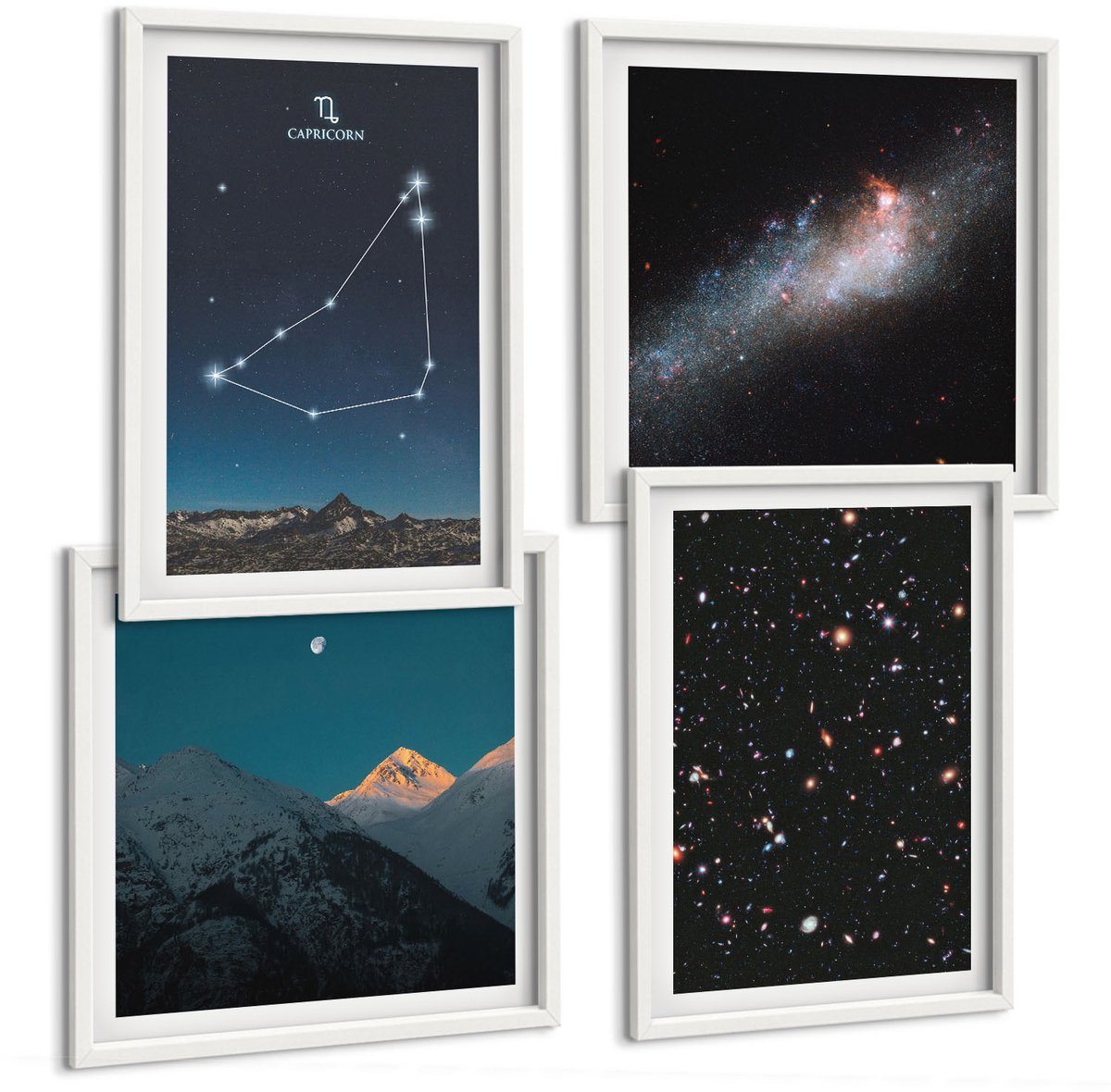 Wallfluent 4-Delige Schilderij Set - Sterrenbeeld Steenbok Sterren Boven De Bergen - 40 x 40 En 40 x 60 - Decoratieve Schilderijen - Wanddecoratie - Hal - Moderne Wanddecoratie