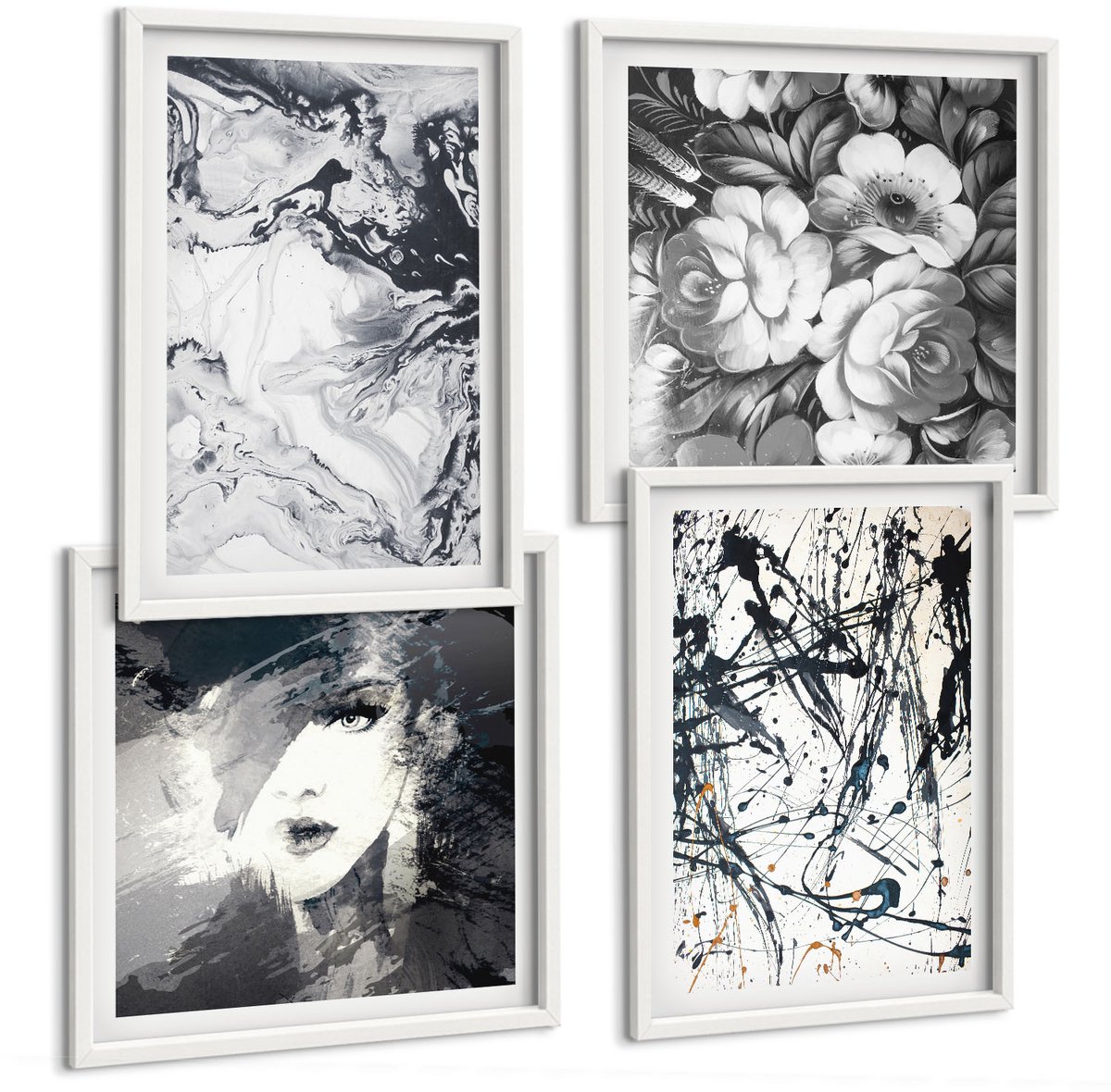 Wallfluent 4-Delige Schilderij Set - Abstracte Patronen In Zwart-Wit Tinten - 40 x 40 En 40 x 60 - Muurdecoratie - Schilderijen Set - Woonkamer - Interieur Decoratie
