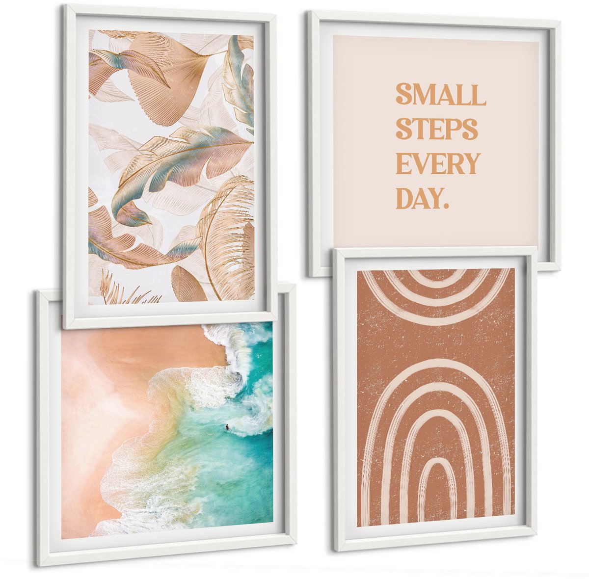 Wallfluent 4-Delige Schilderij Set - Verfijnde Abstracte Boho-Motieven, Bladeren En Letters - 40 x 40 En 40 x 60 - Wanddecoratie - Schilderijen Set - Interieur - Woonkamer Decoratie