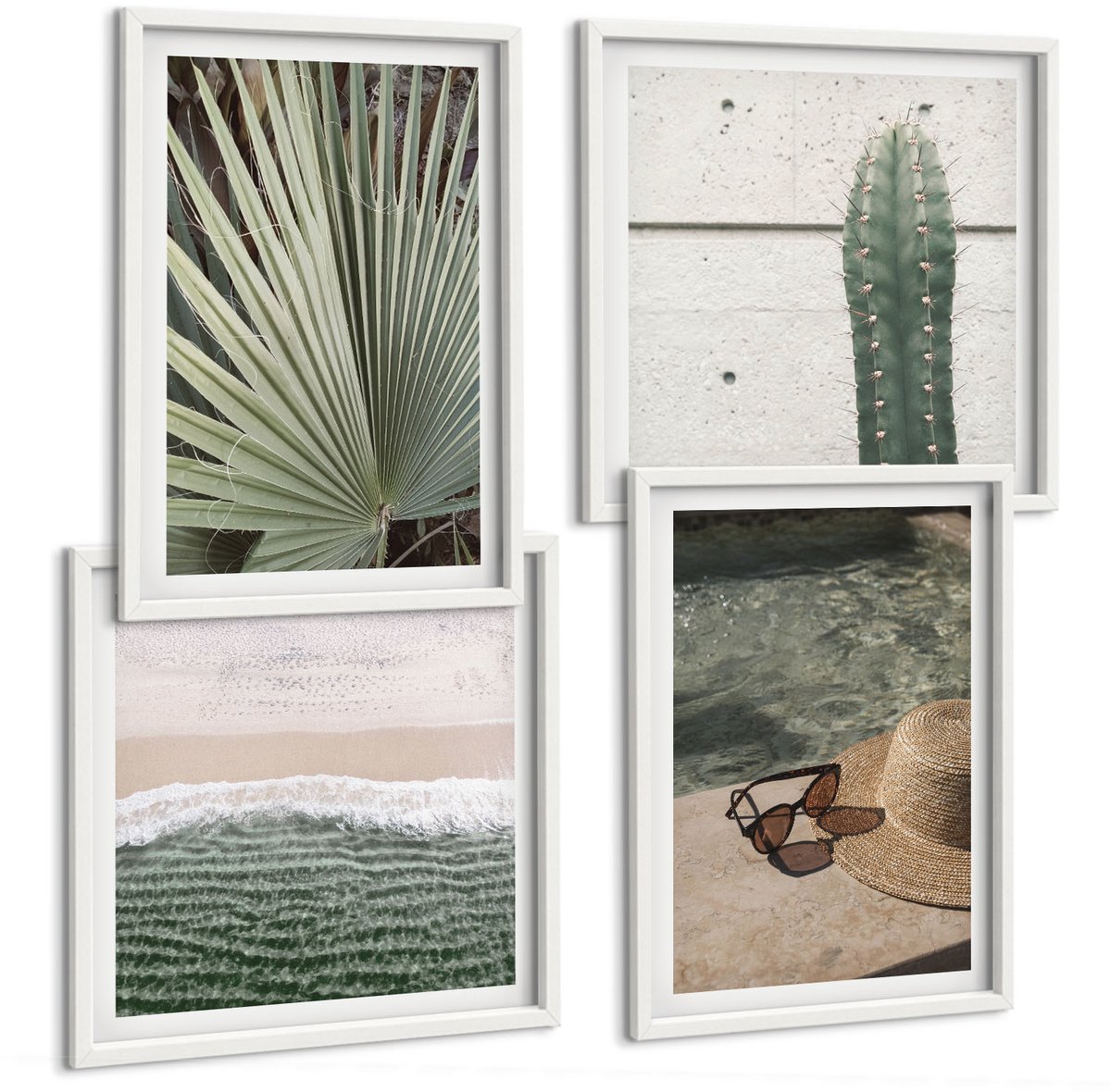 Wallfluent 4-Delige Schilderij Set - Tropische Planten En Vakantieaccessoires Aan Het Water - 40 x 40 En 40 x 60 - Muurdecoratie - Interieur Decoratie