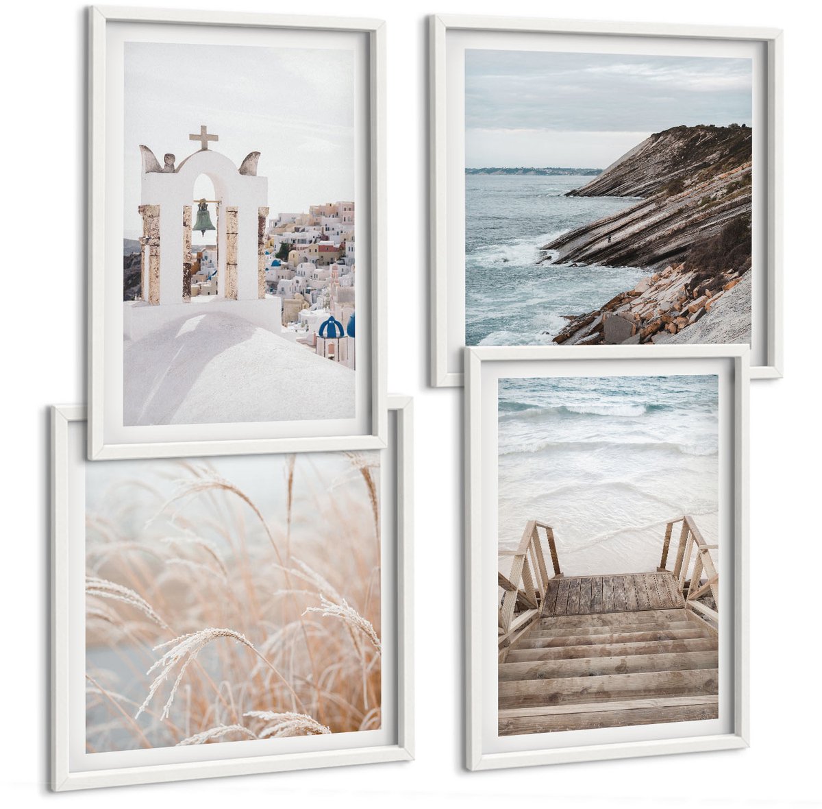 Wallfluent 4-Delige Schilderij Set - Uitzicht Op De Zee En De Architectuur Van Santorini Tegen De Hemel. - 40 x 40 En 40 x 60 - Wanddecoratie - Moderne Interieurdecoratie - Moderne Wanddecoratie