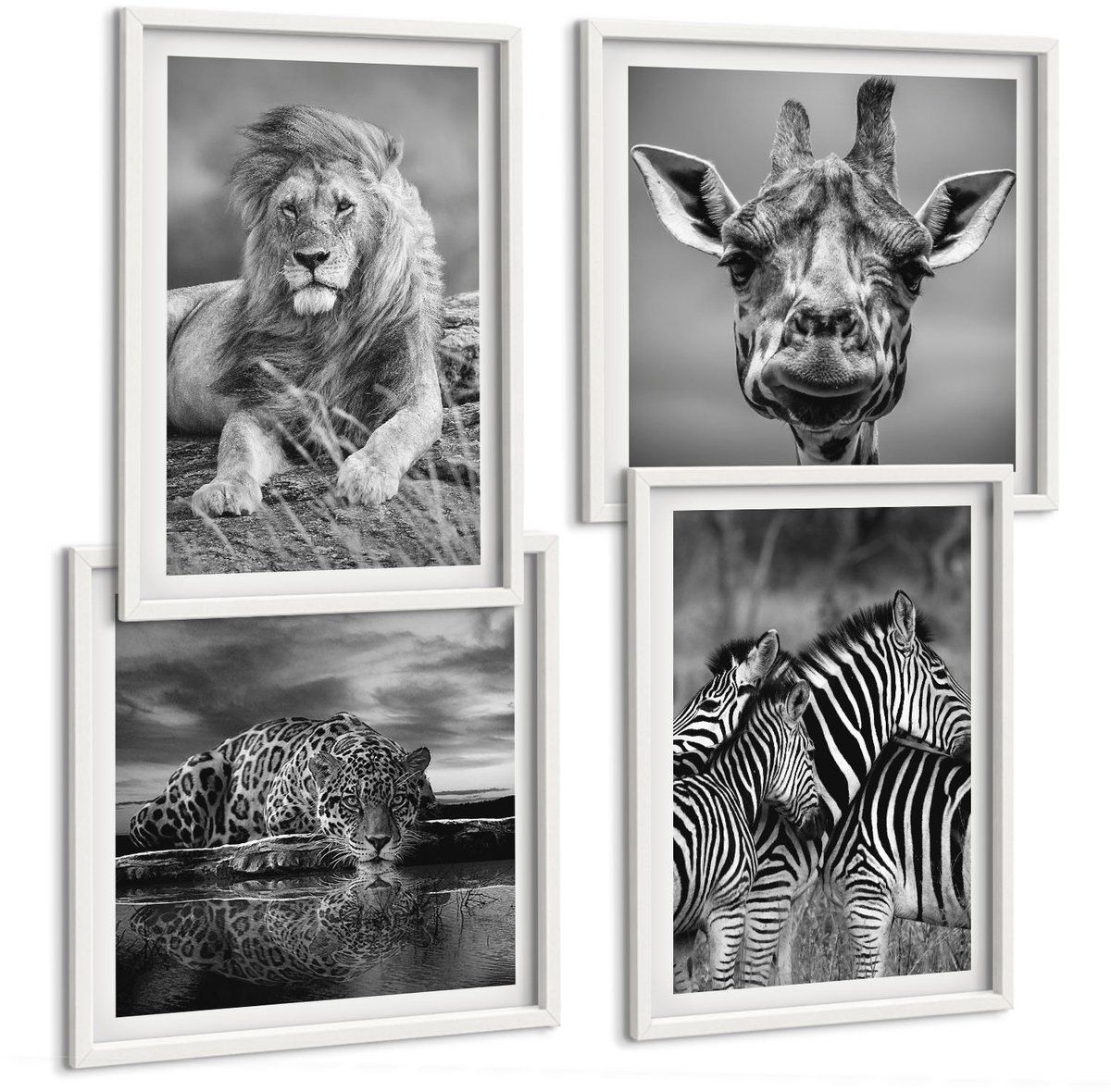 Wallfluent 4-Delige Schilderij Set - Wilde Dieren: Leeuw, Jaguar, Giraffe En Zebra'S - 40 x 40 En 40 x 60 - Decoratieve Schilderijen - Woonkamer - Interieur - Moderne Wanddecoratie