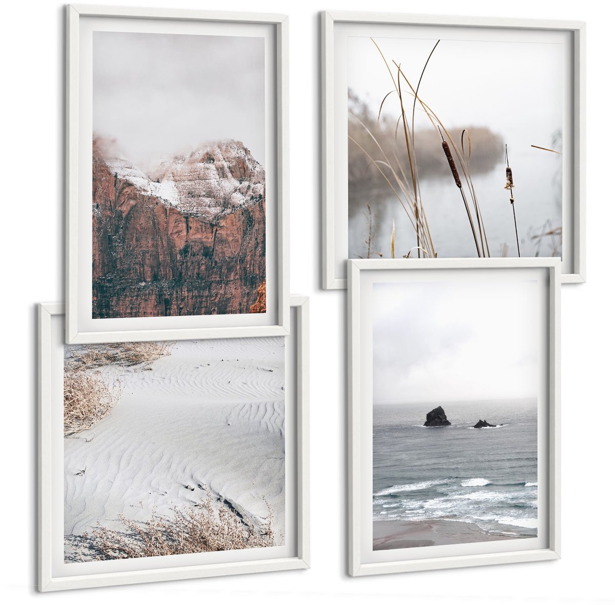 Wallfluent 4-Delige Schilderij Set - Abstracte Golven In Grijstinten En Pasteltinten - 40 x 40 En 40 x 60 - Stijlvolle Muurdecoratie - Slaapkamer - Woonkamer Decoratie