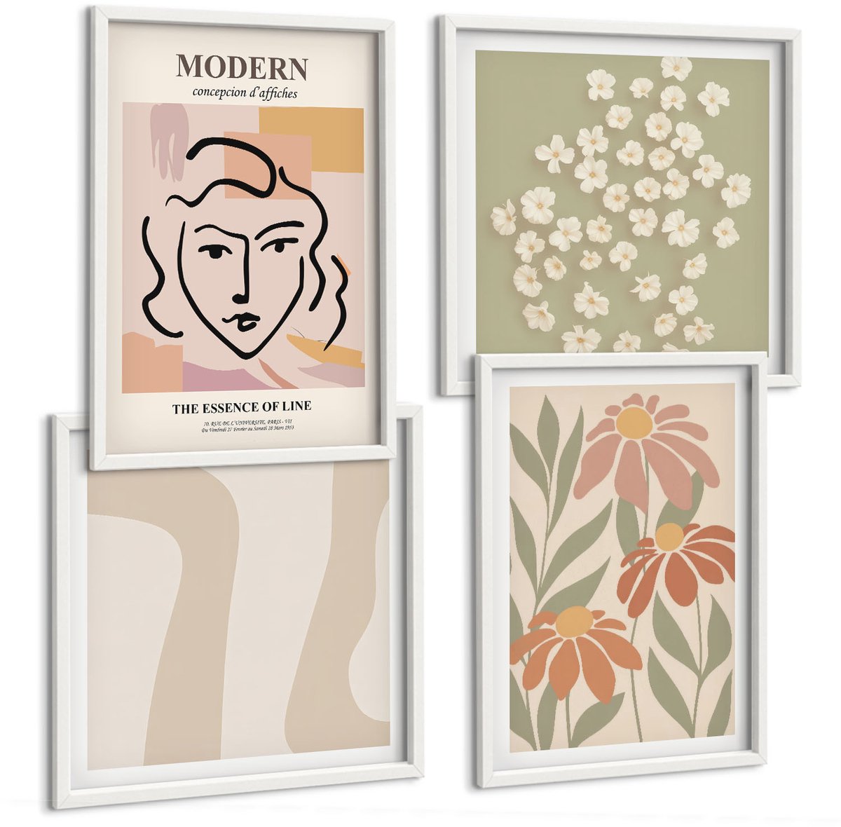 Wallfluent 4-Delige Schilderij Set - Vrouw In Moderne Stijl Met Abstracte Patronen - 40 x 40 En 40 x 60 - Muurdecoratie - Schilderijen Set - Woonkamer - Woonkamer Decoratie