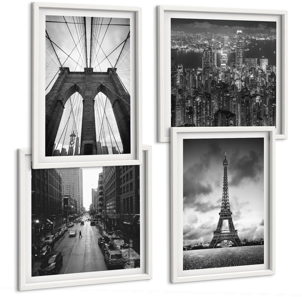 Wallfluent 4-Delige Schilderij Set - Torens En Bruggen In Monochrome Tinten - 40 x 40 En 40 x 60 - Stijlvolle Muurdecoratie - Kantoor - Moderne Wanddecoratie
