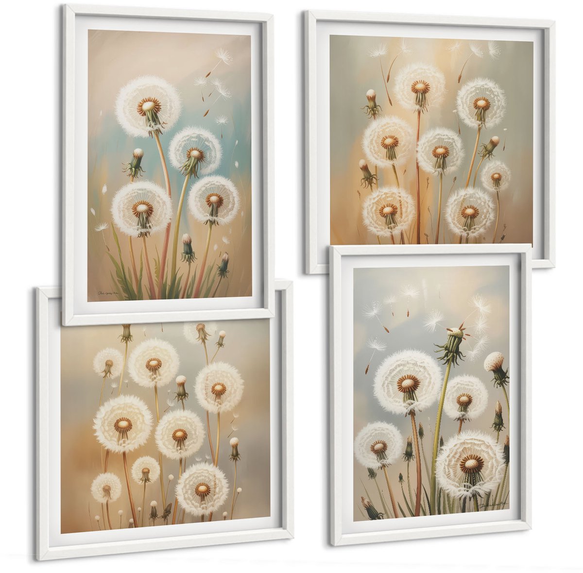 Wallfluent 4-Delige Schilderij Set - Paardenbloemen Op Een Pastelkleurige Achtergrond - 40 x 40 En 40 x 60 - Stijlvolle Muurdecoratie - Slaapkamer