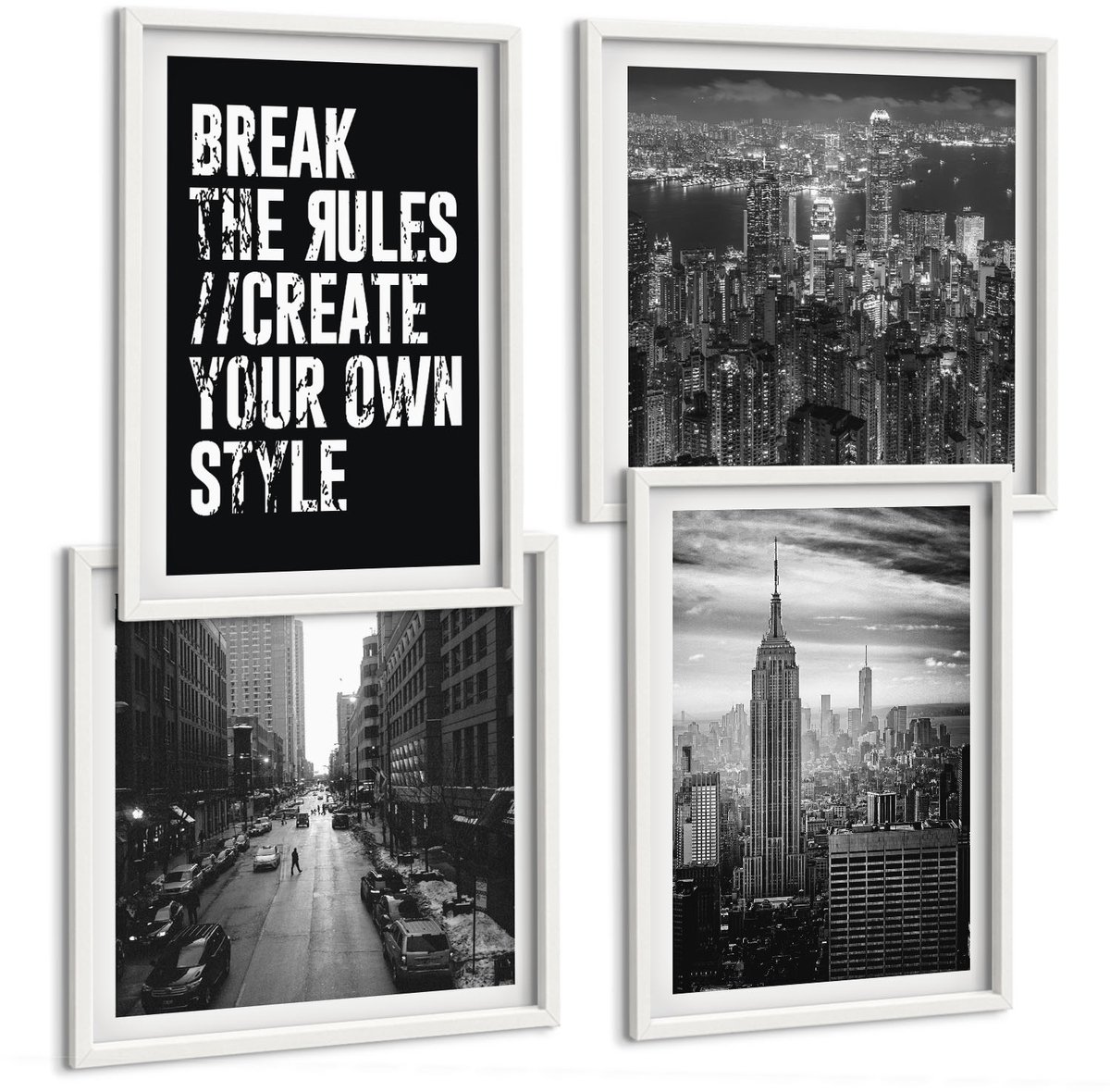 Wallfluent 4-Delige Schilderij Set - Stadsstraten In Zwart-Wit Met Inspirerende Letters - 40 x 40 En 40 x 60 - Muurdecoratie - Schilderijen Set - Woonkamer