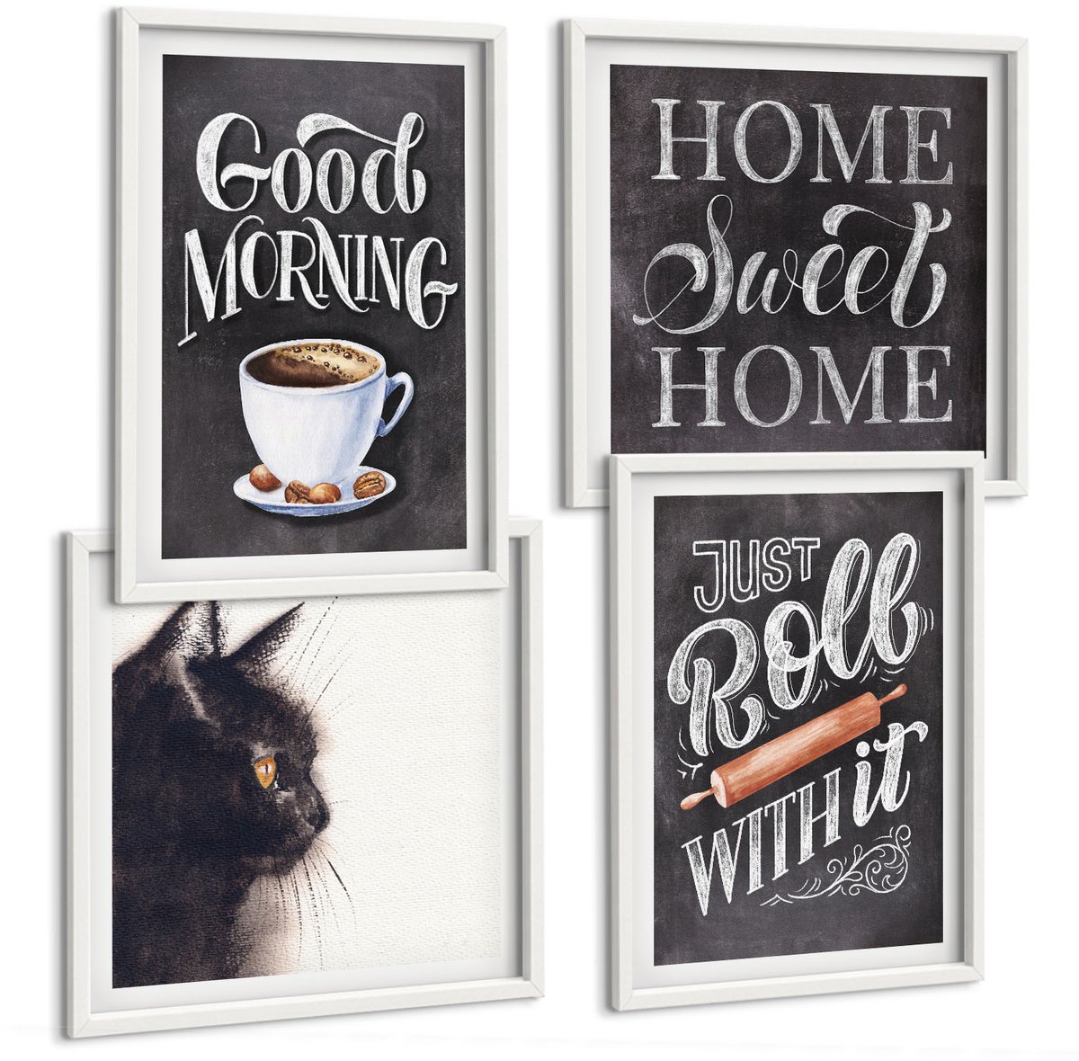 Wallfluent 4-Delige Schilderij Set - Home Keuken Motieven Kat Schoolbord Lettering - 40 x 40 En 40 x 60 - Schilderijen Set - Wanddecoratie - Woonkamer