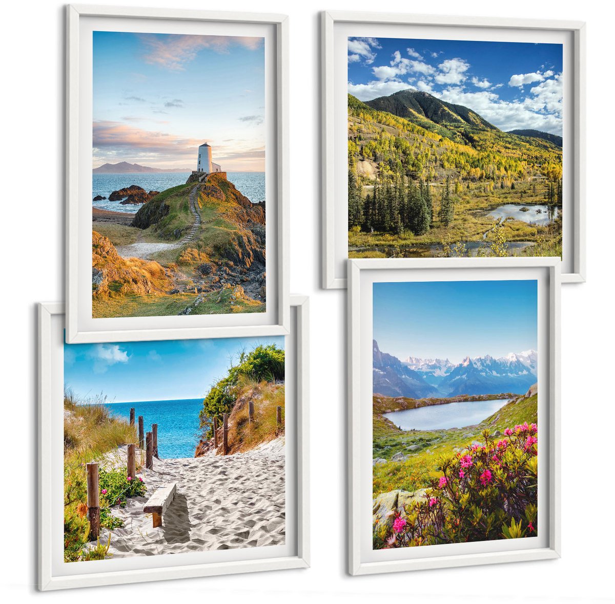 Wallfluent 4-Delige Schilderij Set - Uitzicht Op Het Strand Bij De Vuurtoren, De Bergen En De Bloemenweiden. - 40 x 40 En 40 x 60 - Muurdecoratie - Schilderijen Set - Woonkamer - Moderne Wanddecoratie