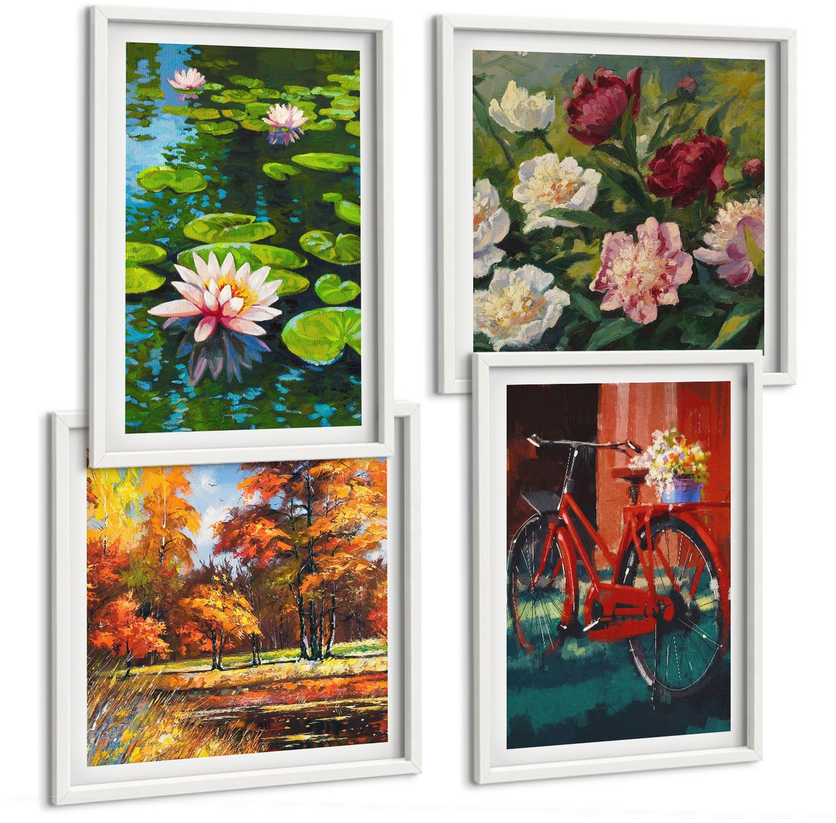 Wallfluent 4-Delige Schilderij Set - Herfstkleuren, Lelievijver, Fietsen Op Het Terras - 40 x 40 En 40 x 60 - Wanddecoratie - Woonkamer Decoratie