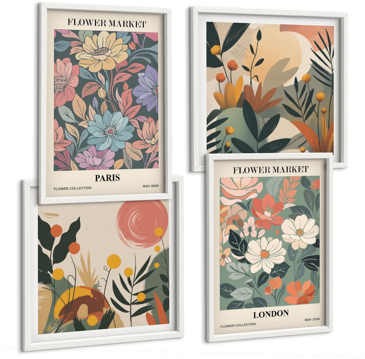 Wallfluent 4-Delige Schilderij Set - Bloemenposters Parijs Londen - 40 x 40 En 40 x 60 - Stijlvolle Muurdecoratie - Slaapkamer - Moderne Wanddecoratie