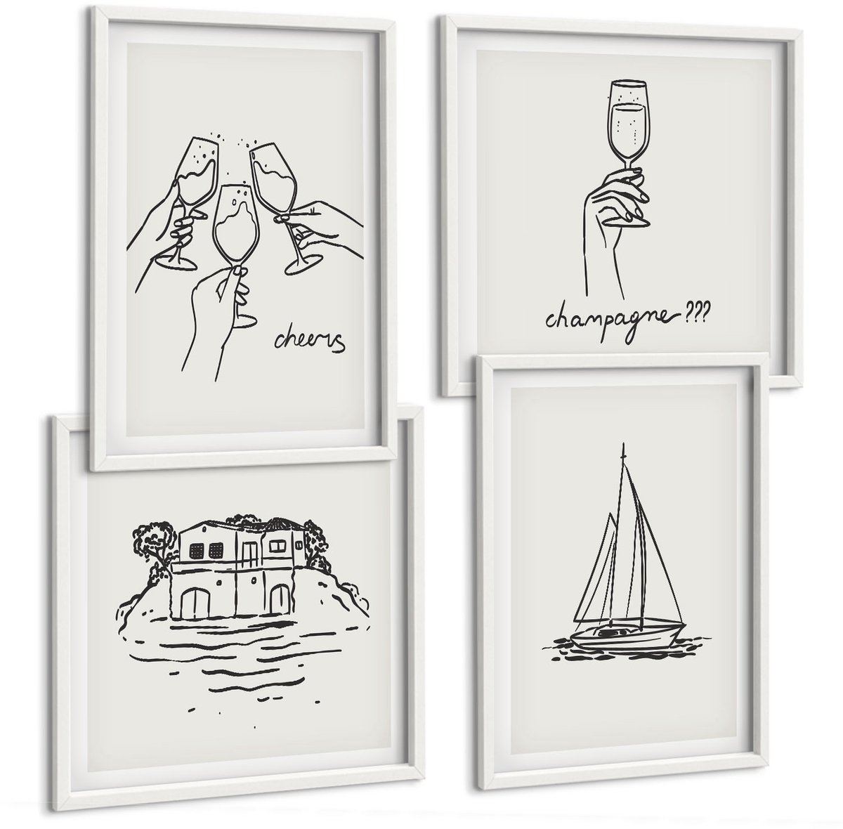Wallfluent 4-Delige Schilderij Set - Uitzicht Op Het Water, Een Huis Dat Proost Met Glazen En Een Zeilboot. - 40 x 40 En 40 x 60 - Decoratieve Schilderijen - Woonkamer - Interieur - Wanddecoratie
