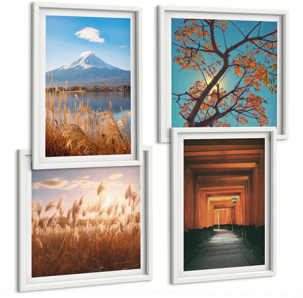 Wallfluent 4-Delige Schilderij Set - Japanse Landschappen, Natuur En Architectuur Van Azië - 40 x 40 En 40 x 60 - Wanddecoratie - Woonkamer Decoratie - Interieur Decoratie