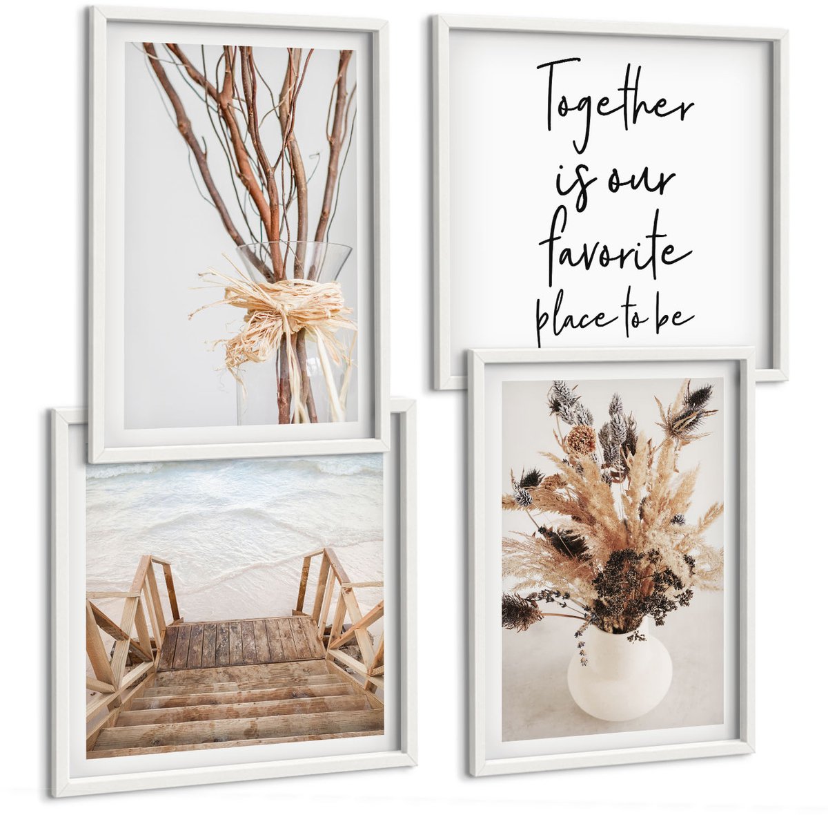 Wallfluent 4-Delige Schilderij Set - Bloemen En Takken In Een Minimalistische, Natuurlijke Stijl. - 40 x 40 En 40 x 60 - Decoratieve Schilderijen - Wanddecoratie - Hal