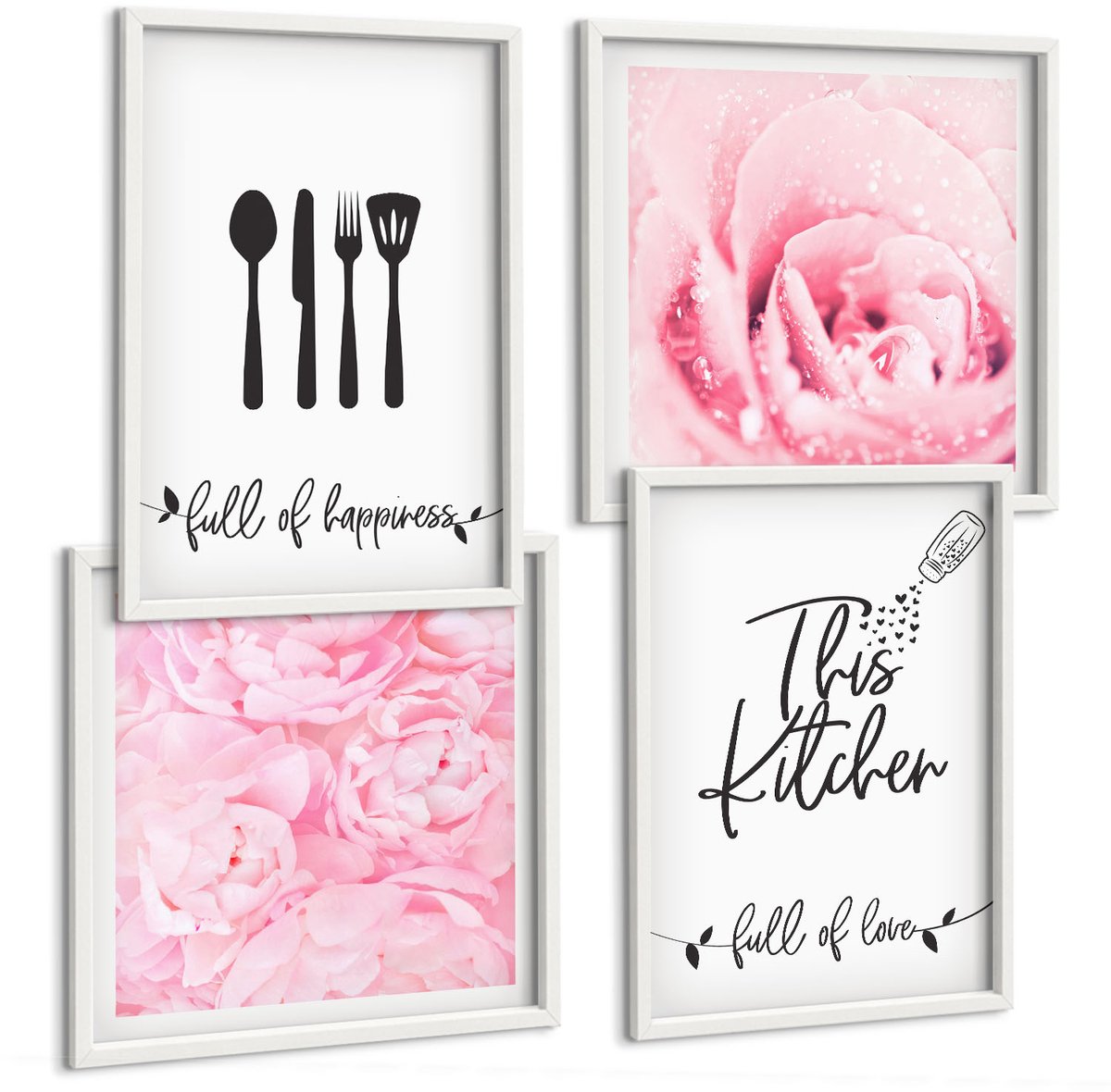 Wallfluent 4-Delige Schilderij Set - Keukenopschriften Delicate Rozenbloemen - 40 x 40 En 40 x 60 - Moderne Wanddecoratie - Slaapkamer - Interieur Decoratie
