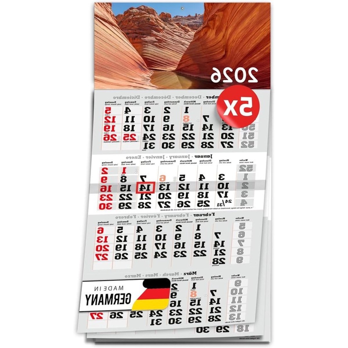 Wandkalender 4 Maanden - Jaarkalender Planner - Jaarplanning Organiseren - Met Datumschuiver - 29.5 x 55 cm - Canyon