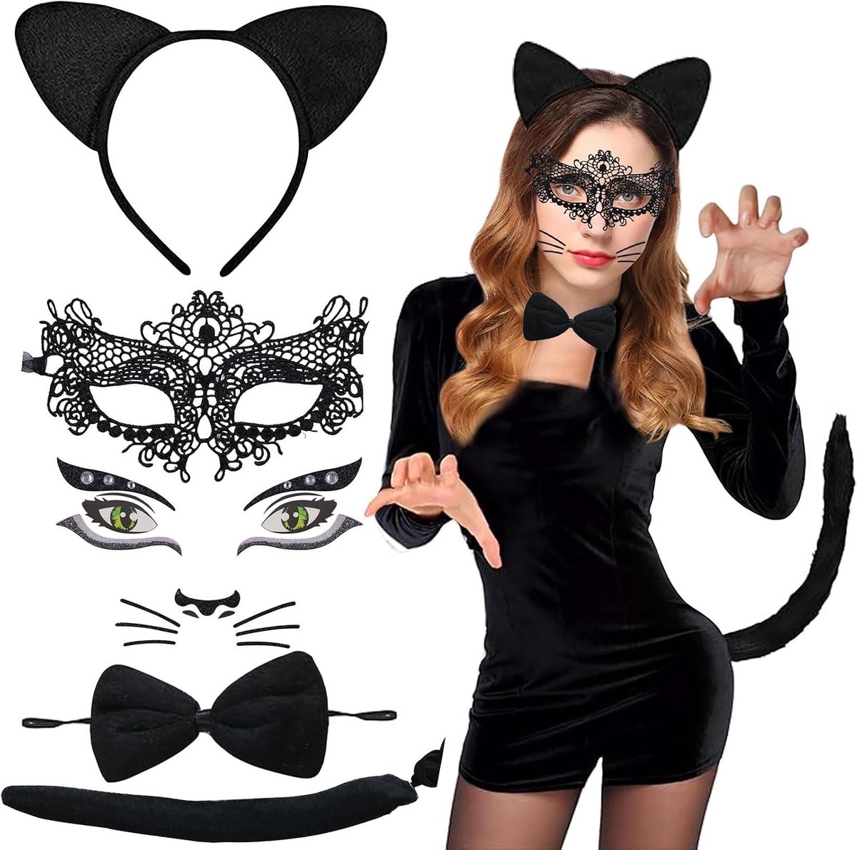 Vrouwelijk kattenkostuum met oortjes, haarband, staart, masker en handschoenen voor carnaval en feesten