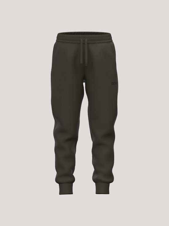 Pantalon de jogging vert foncé Björn Borg avec cordon de serrage et logo sur la jambe gauche, vu de face.