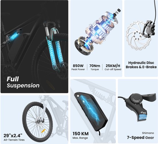 Touroll U3 Pro Elektrische Mountainbike - 48V 720Wh Accu - 150 km Actieradius - 70 Nm Motor - Volledige Vering - Hydraulische Schijfremmen - Shimano 7 Versnellingen - 29 inch E-Bike, Zwart van Touroll — afbeelding 3