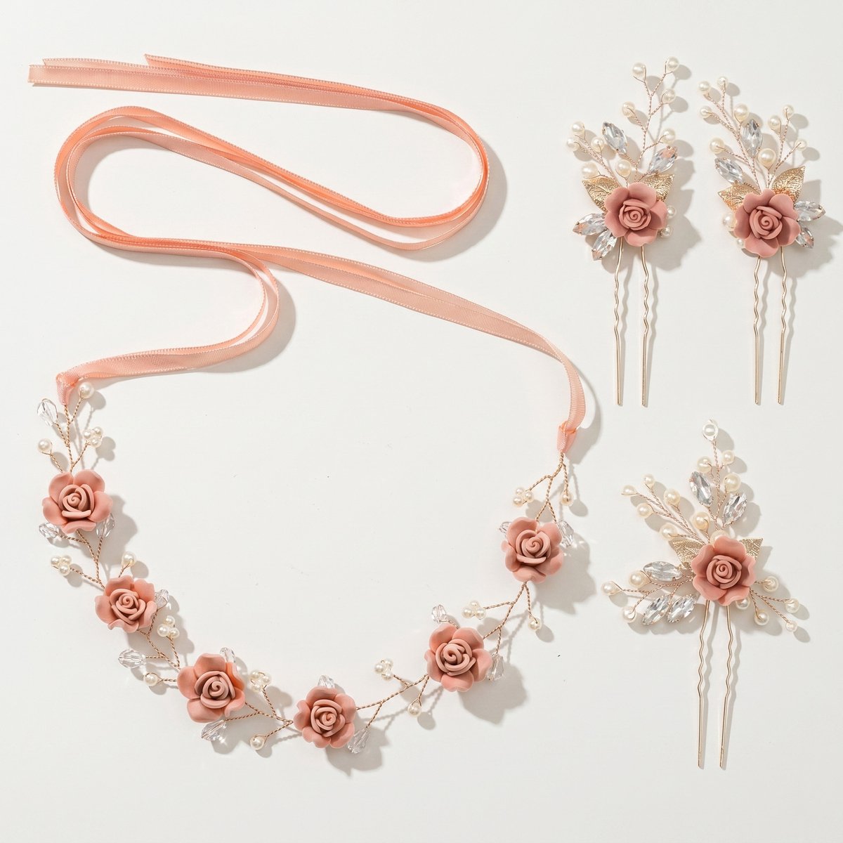 Bruid Bloemen Haarband Set, Handgemaakte Roos Haarband met 3 Haarspelden, Trouw Haaraccessoire voor Bruidsmeisjes,Set met roze rozenhaarspeld en haarband