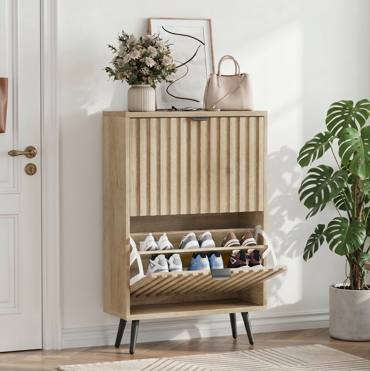DESMIU Schoenenkast Staand Rek Met Kippfach En Rillenstructuur Voor Hal En Woonkamer MDF Oak 60 X 24 X 95 Cm